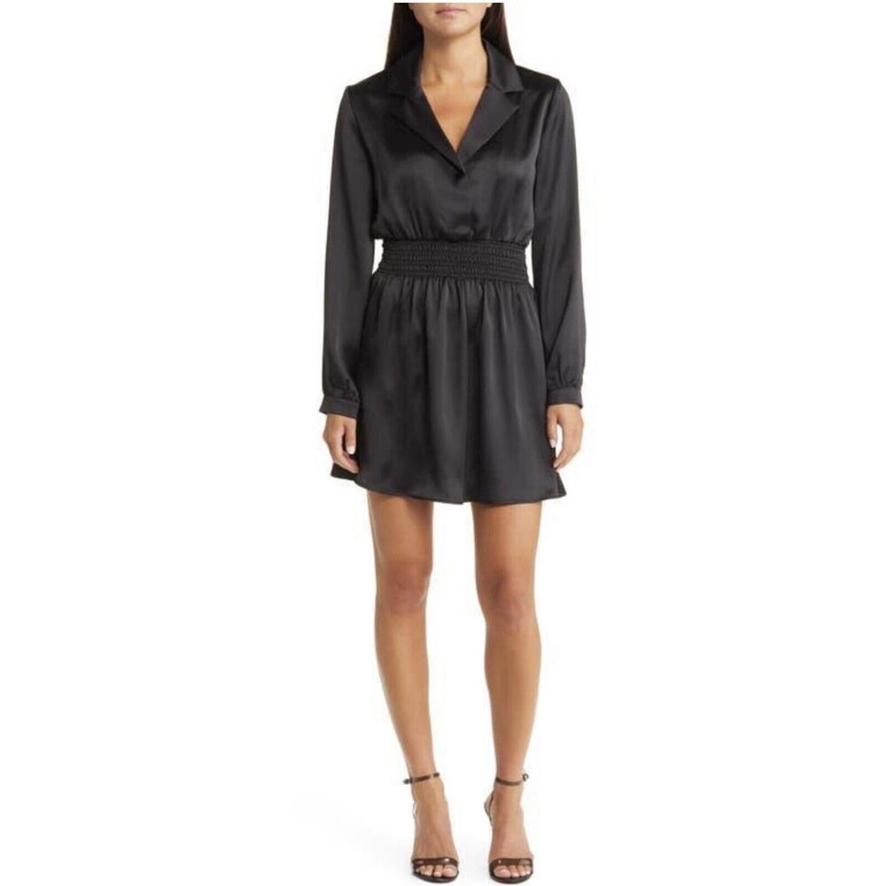 Steve Madden Long Sleeve Satin Mini Shirtdress in Black Size Small (NEW)